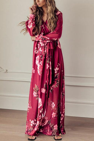 Timeless Floral Print Long Sleeve Wrap Maxi Dress