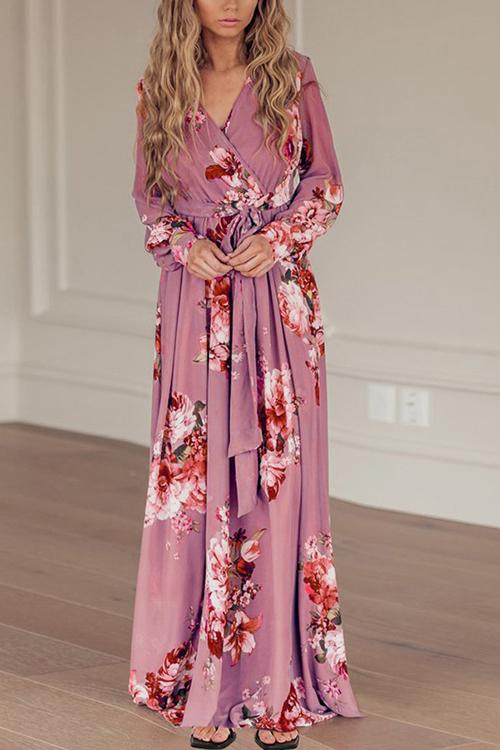 Timeless Floral Print Long Sleeve Wrap Maxi Dress