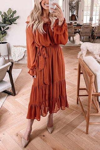 Layer Ruffles Off Shoulder Belted Maxi Dress