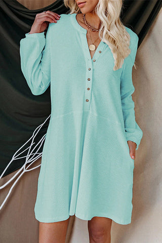 Button Puff Long Sleeve Swing Dress