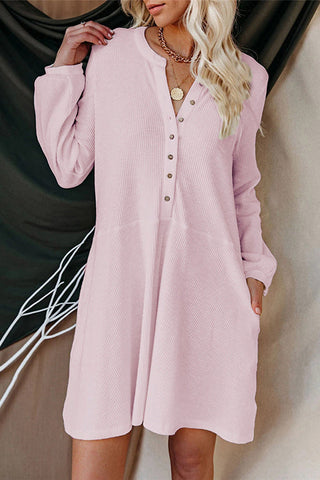 Button Puff Long Sleeve Swing Dress