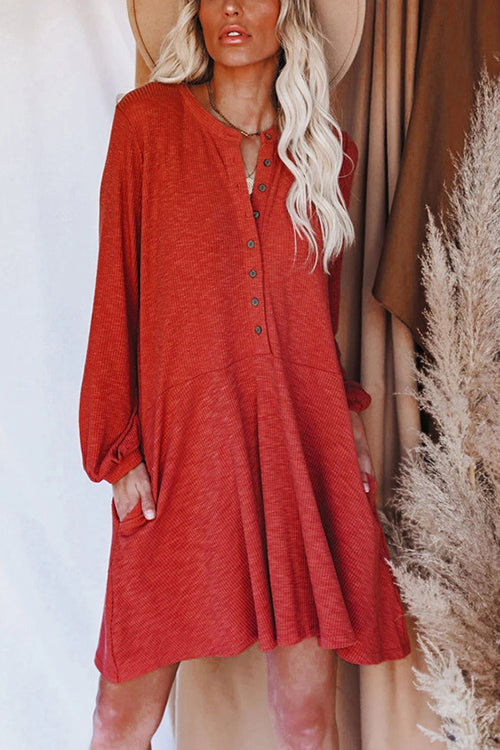 Button Puff Long Sleeve Swing Dress