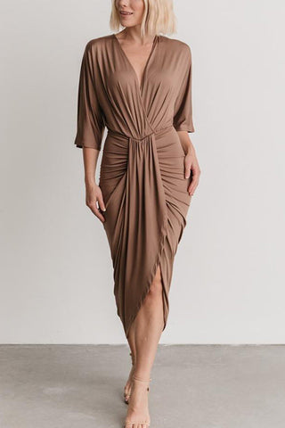 Ruched V Neck Bat Slit Wrap Dress