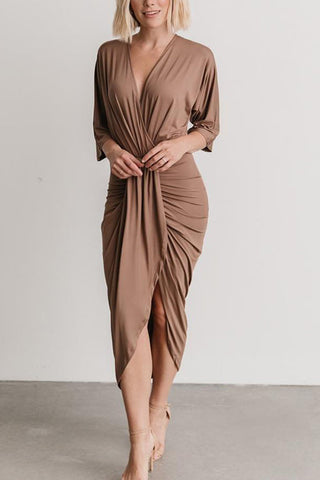 Ruched V Neck Bat Slit Wrap Dress