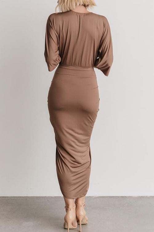 Ruched V Neck Bat Slit Wrap Dress