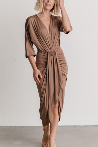 Ruched V Neck Bat Slit Wrap Dress