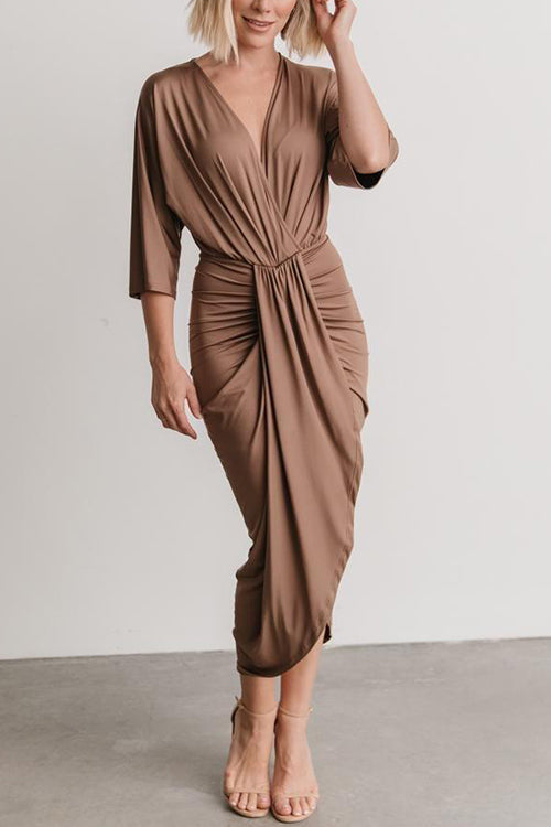 Ruched V Neck Bat Slit Wrap Dress