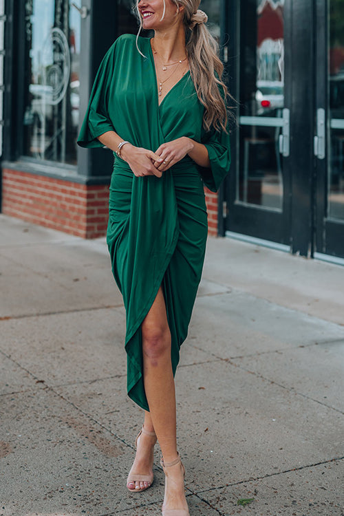 Ruched V Neck Bat Slit Wrap Dress