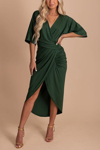 Ruched V Neck Bat Slit Wrap Dress