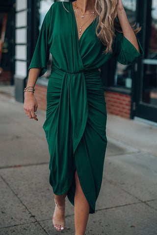 Ruched V Neck Bat Slit Wrap Dress