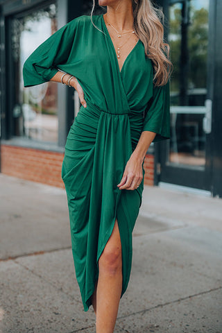 Ruched V Neck Bat Slit Wrap Dress