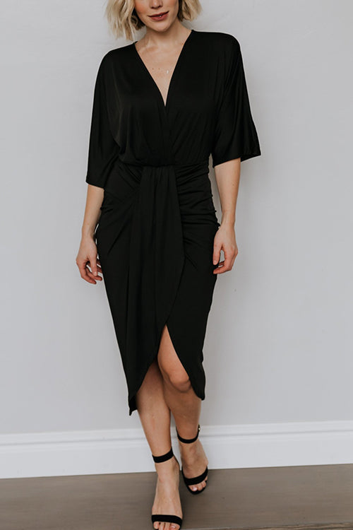 Ruched V Neck Bat Slit Wrap Dress