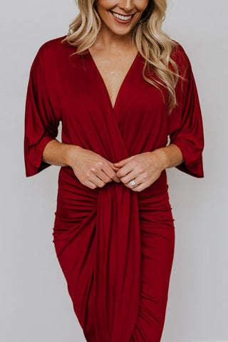 Ruched V Neck Bat Slit Wrap Dress