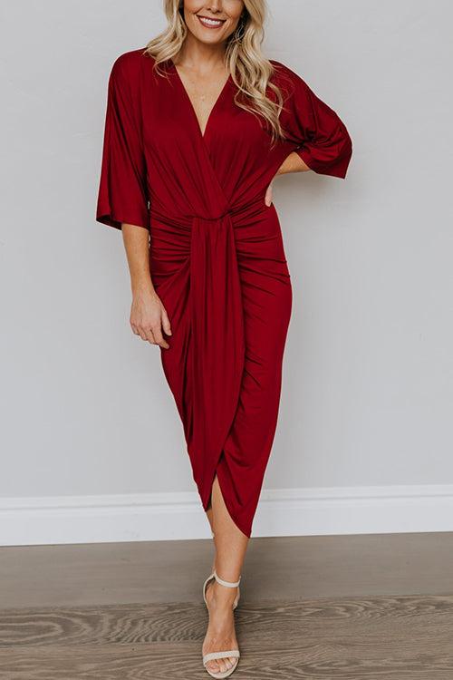 Ruched V Neck Bat Slit Wrap Dress