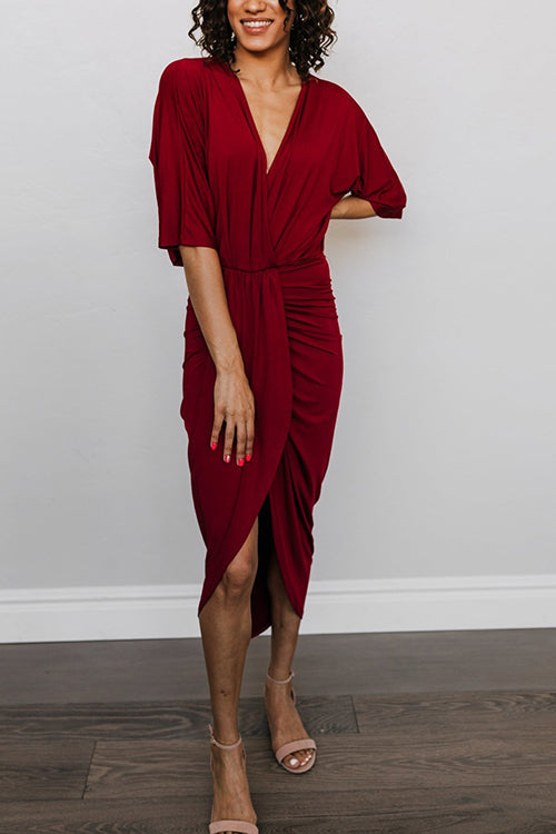 Ruched V Neck Bat Slit Wrap Dress