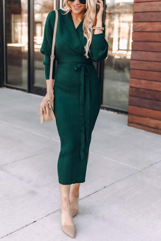 Surplice Wrap Side Slit Sweater Dress