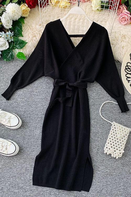 Surplice Wrap Side Slit Sweater Dress