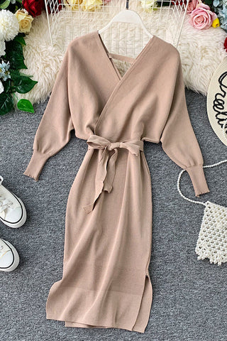 Surplice Wrap Side Slit Sweater Dress