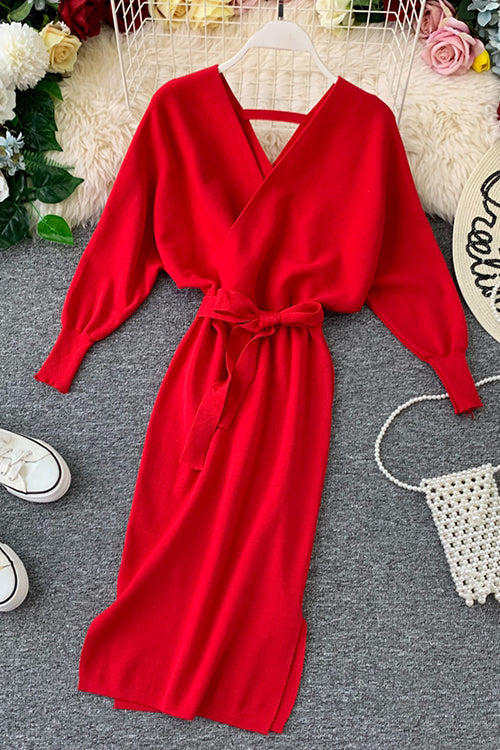 Surplice Wrap Side Slit Sweater Dress