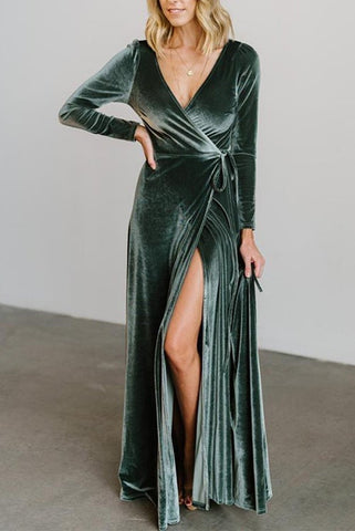 Velvet Long Sleeve Wrap Maxi Dress