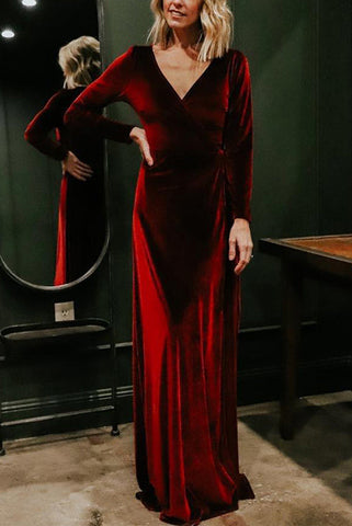 Velvet Long Sleeve Wrap Maxi Dress