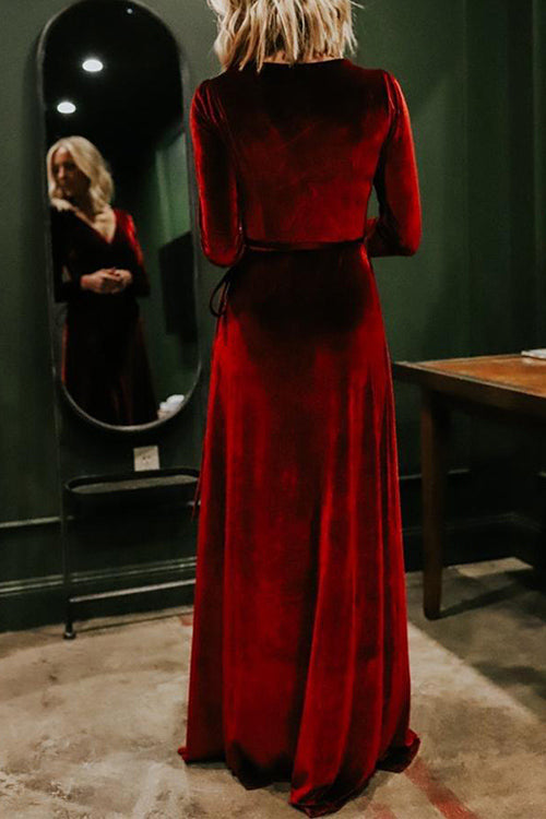 Velvet Long Sleeve Wrap Maxi Dress