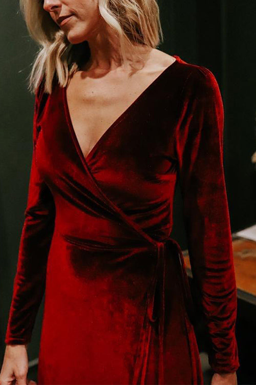 Velvet Long Sleeve Wrap Maxi Dress