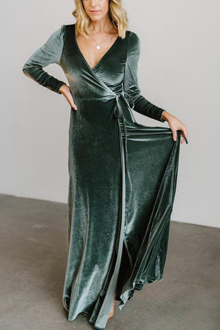 Velvet Long Sleeve Wrap Maxi Dress