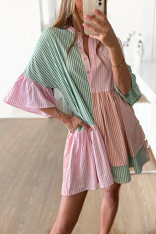 Stripe Color Block Half Button Mini Dress