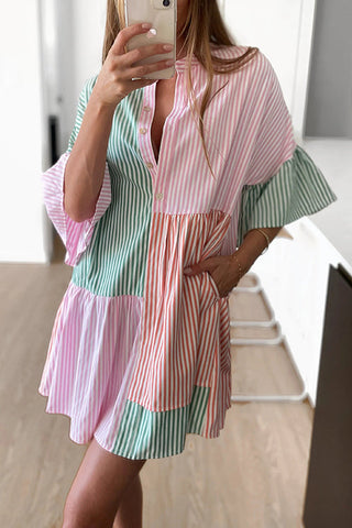 Stripe Color Block Half Button Mini Dress