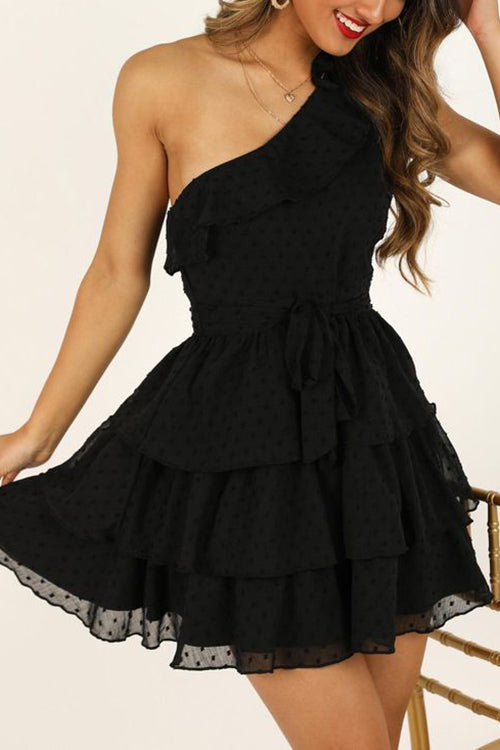 Bow Tie One Shoulder Bleted Tiered Dress