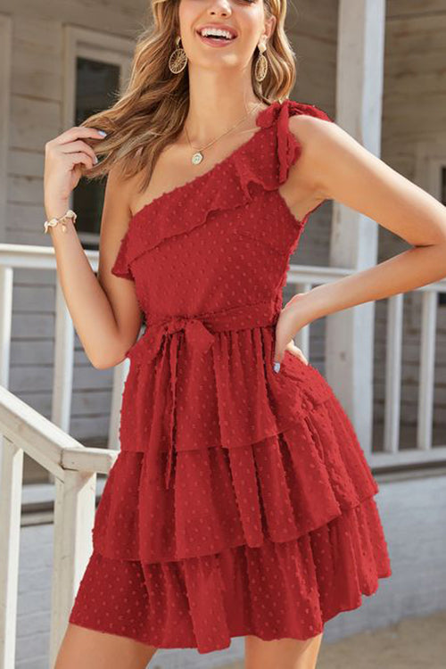 Bow Tie One Shoulder Bleted Tiered Dress