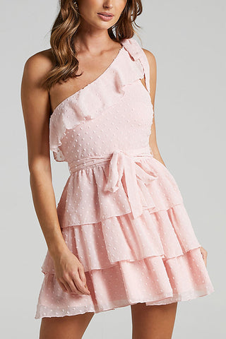 Bow Tie One Shoulder Bleted Tiered Dress