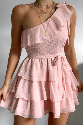 Bow Tie One Shoulder Bleted Tiered Dress