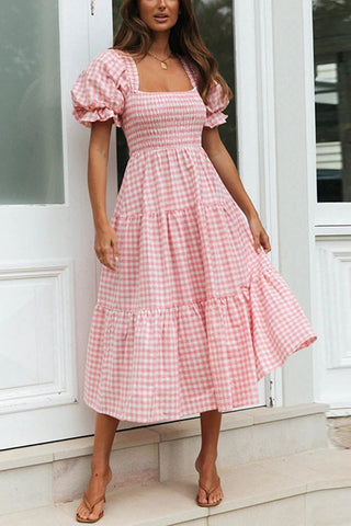 Plaid Square Neck Puff Sleeve Midi Dress