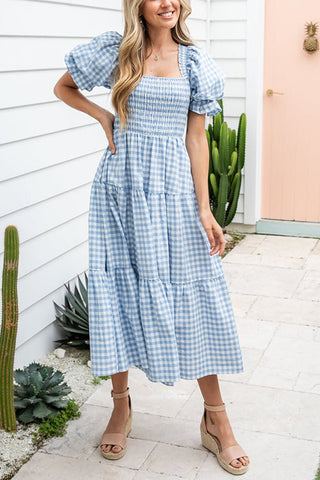 Plaid Square Neck Puff Sleeve Midi Dress