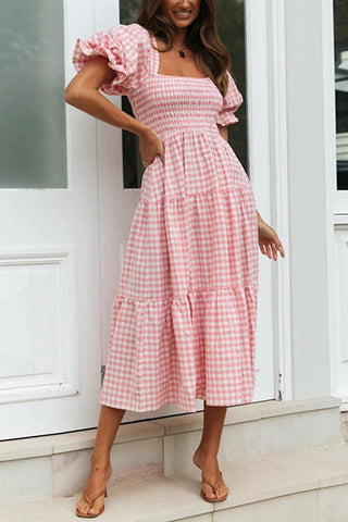 Plaid Square Neck Puff Sleeve Midi Dress