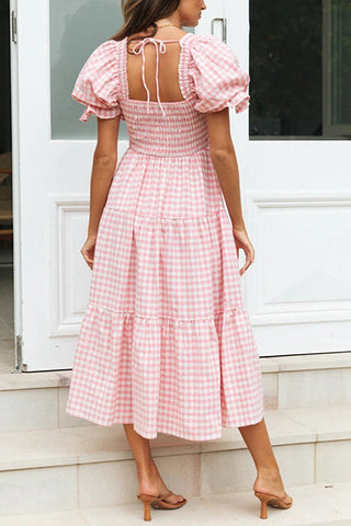 Plaid Square Neck Puff Sleeve Midi Dress