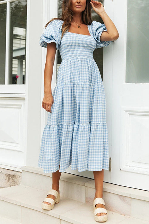 Plaid Square Neck Puff Sleeve Midi Dress