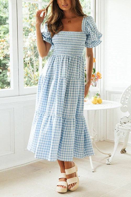 Plaid Square Neck Puff Sleeve Midi Dress