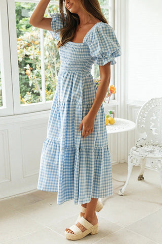 Plaid Square Neck Puff Sleeve Midi Dress