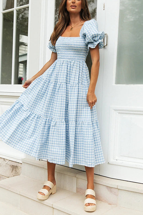 Plaid Square Neck Puff Sleeve Midi Dress