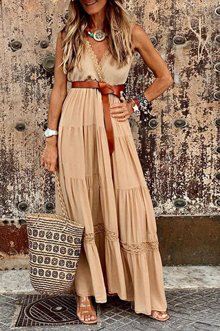 Lace V Neck Sleeveless Layer Maxi Dress