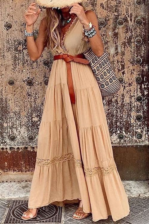 Lace V Neck Sleeveless Layer Maxi Dress