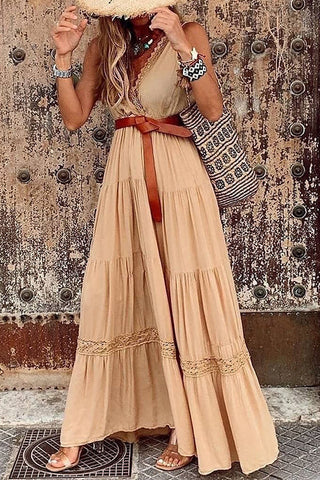 Lace V Neck Sleeveless Layer Maxi Dress