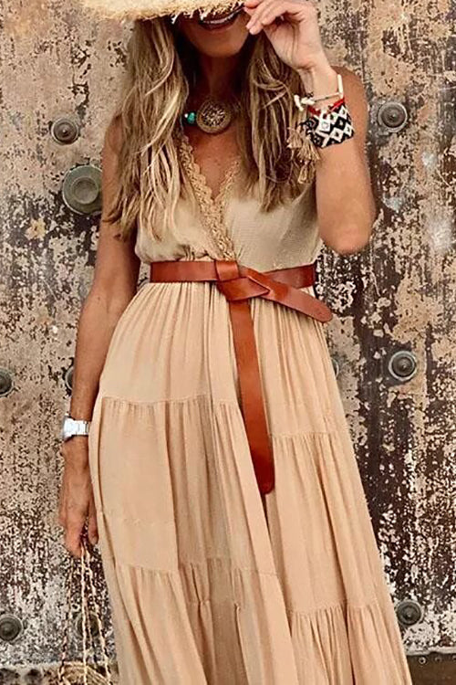 Lace V Neck Sleeveless Layer Maxi Dress