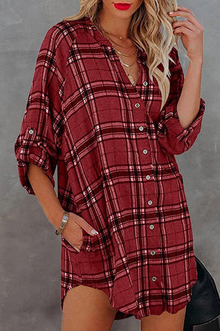 Plaid Pockets Button Up Shirt Dress