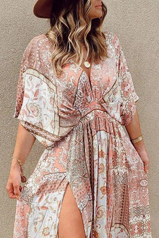 Boho Print Bat Slit Maxi Dress