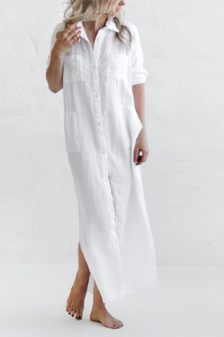 Linen Button Pockets Shirt Maxi Dress