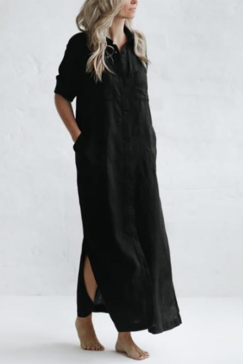 Linen Button Pockets Shirt Maxi Dress